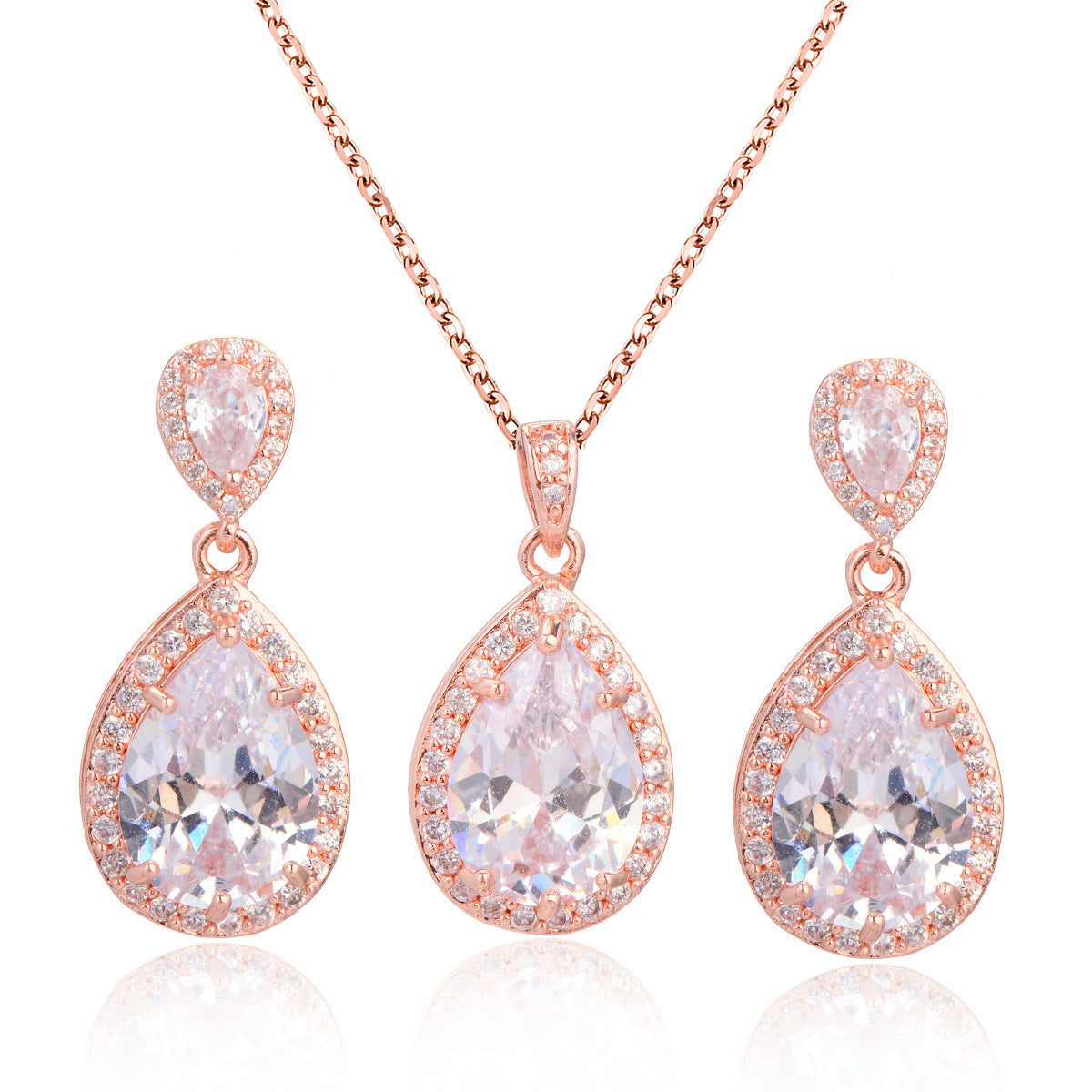 Bright Zircon Water Drop Necklace & Earrings Set – Simple Wedding Jewelry for Brides
