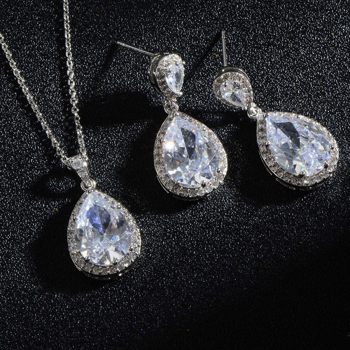 Bright Zircon Water Drop Necklace & Earrings Set – Simple Wedding Jewelry for Brides
