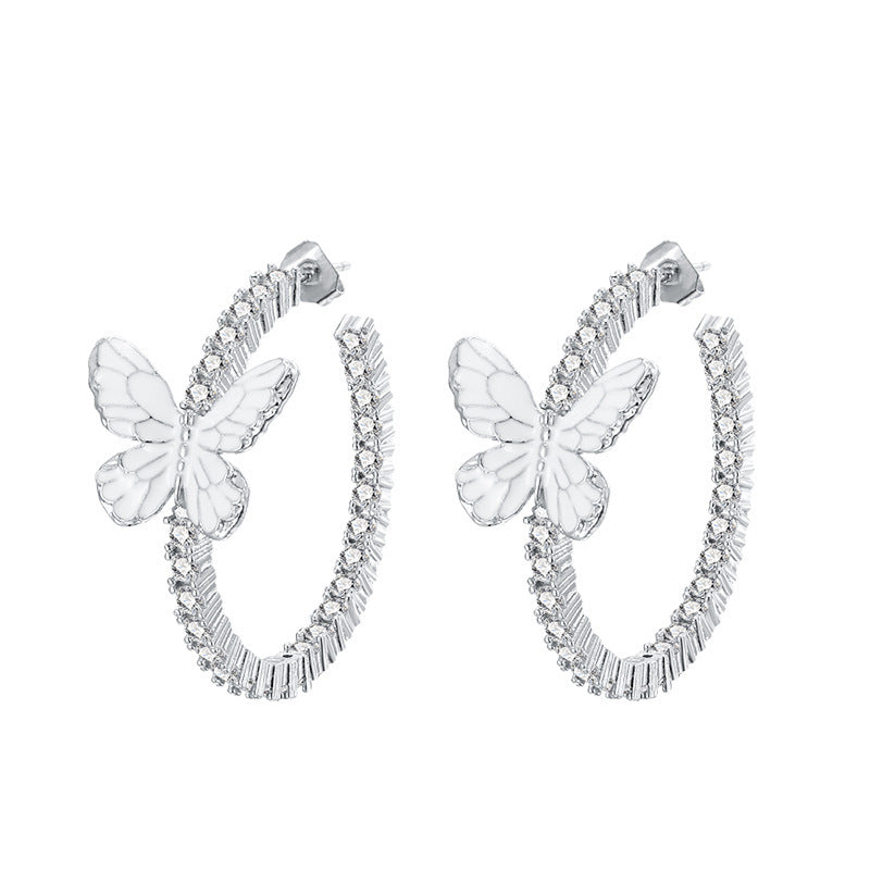 Xin Decoration White Butterfly Earrings Circle Micro Inlaid Zircon