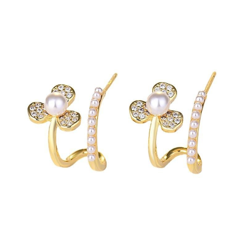 Popular Earrings Front And Back Wear Small Fresh Pearl Flower Earrings