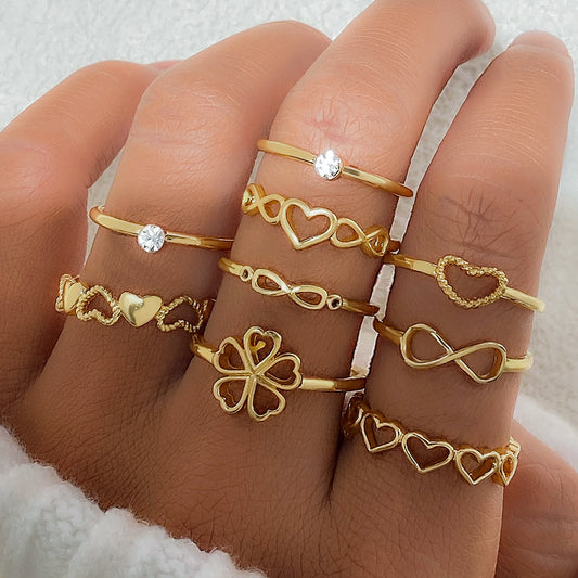 Gold Heart Ring Set – 9pcs Vintage Geometric Butterfly Rings for Women