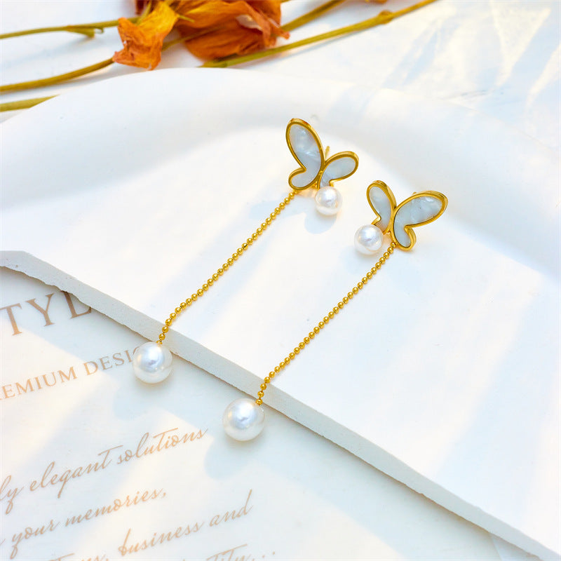 Small Long Pearl Tassel Butterfly Studs