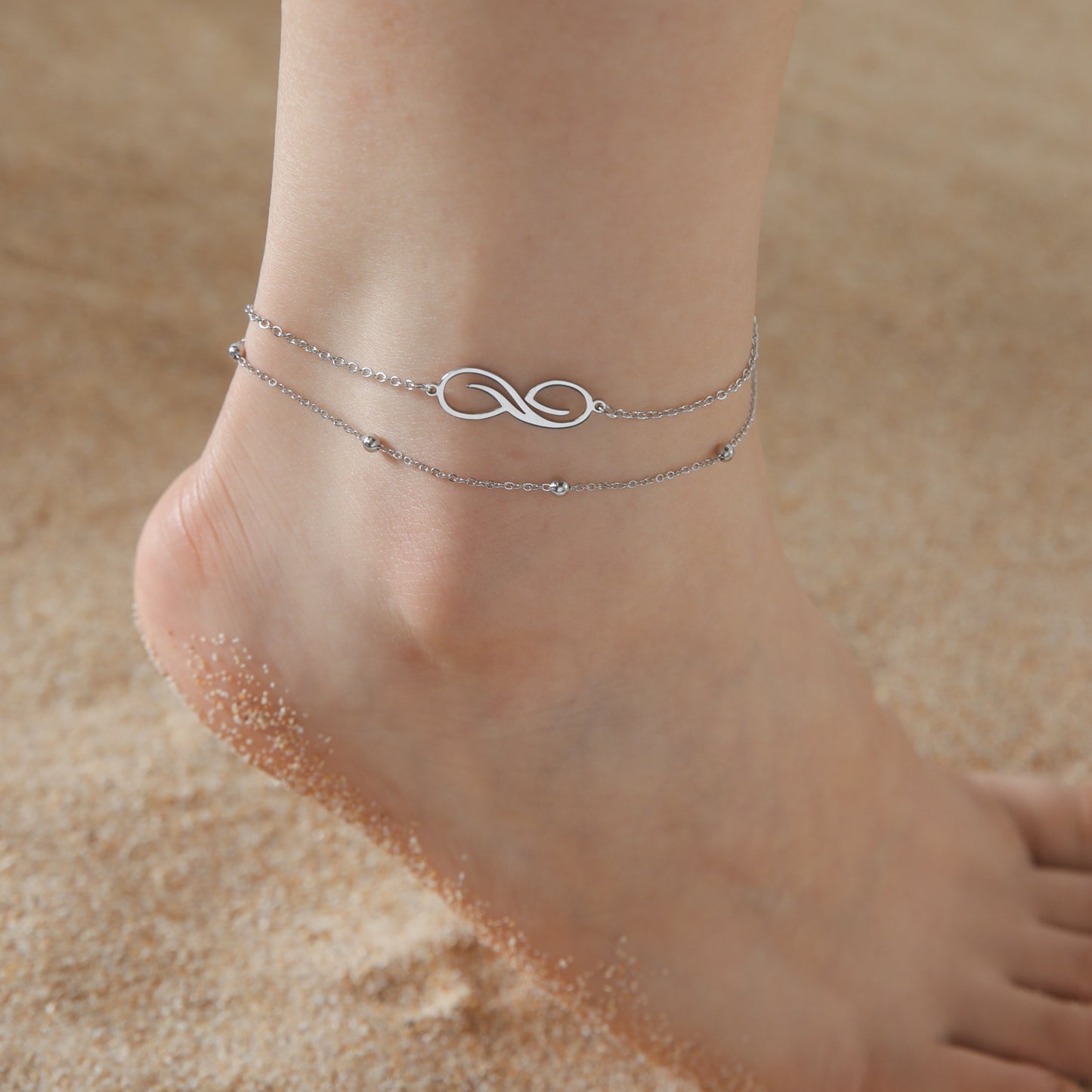 Women's Bohemian Infinity Anklet – Stainless Steel Double-Layer Beaded Design
