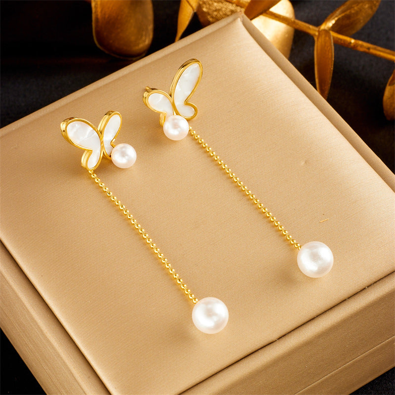 Small Long Pearl Tassel Butterfly Studs