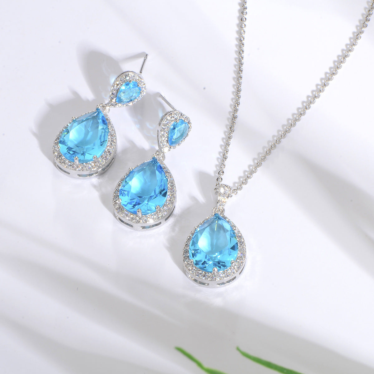 Bright Zircon Water Drop Necklace & Earrings Set – Simple Wedding Jewelry for Brides