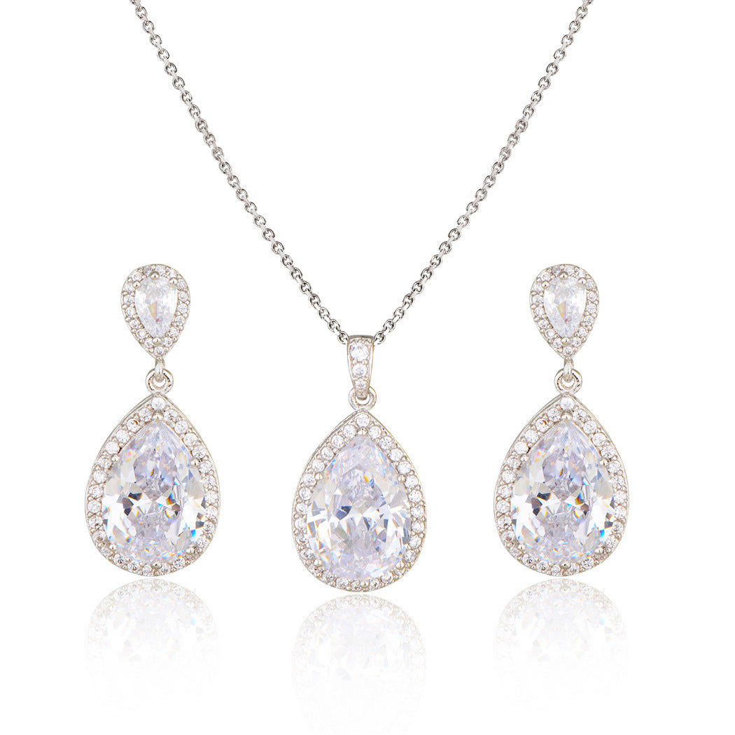 Bright Zircon Water Drop Necklace & Earrings Set – Simple Wedding Jewelry for Brides