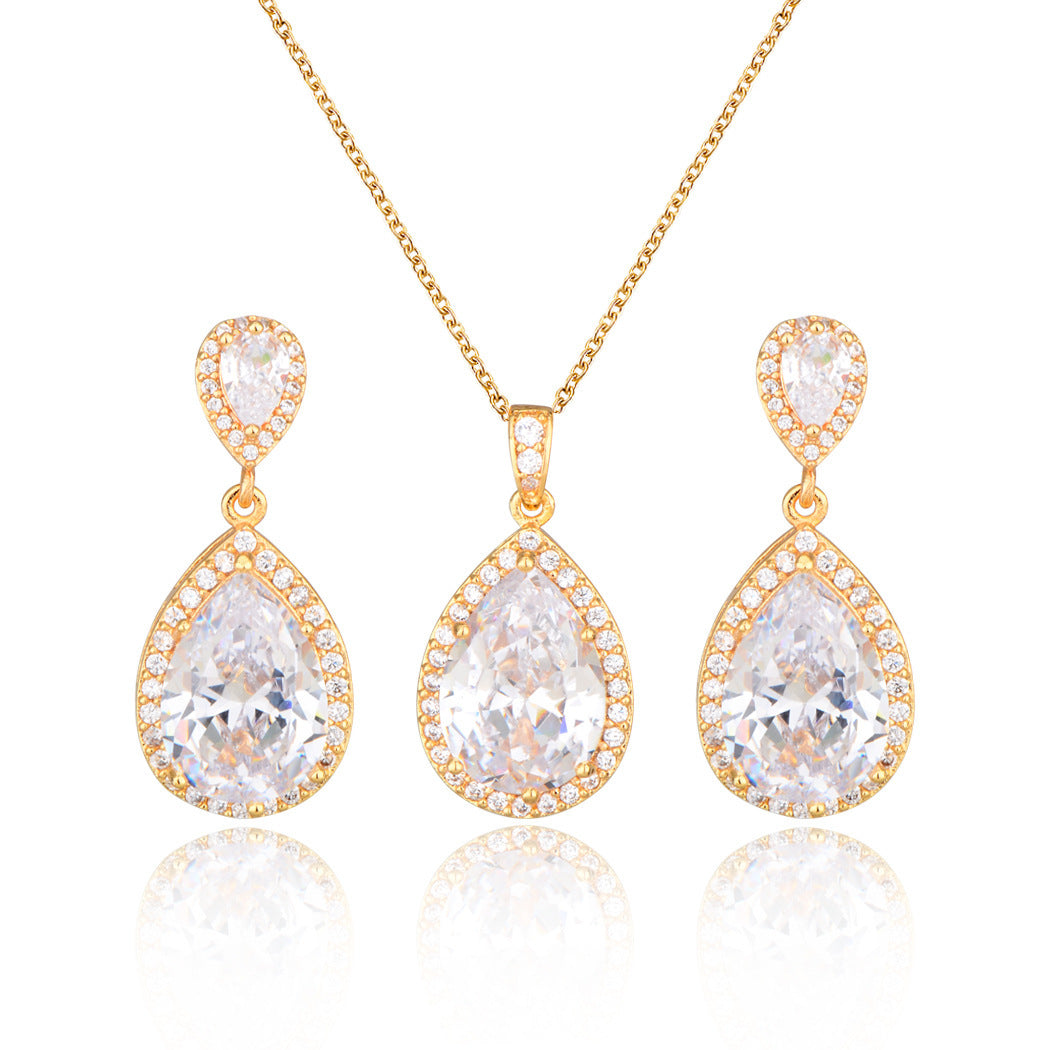 Bright Zircon Water Drop Necklace & Earrings Set – Simple Wedding Jewelry for Brides