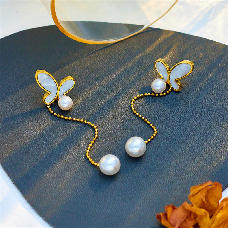 Small Long Pearl Tassel Butterfly Studs