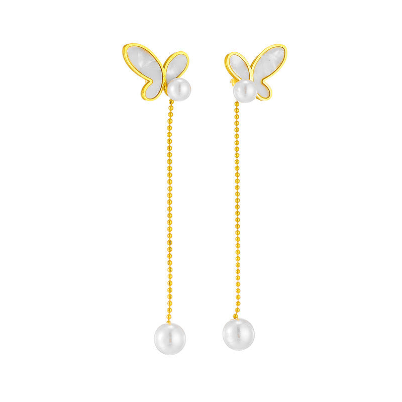 Small Long Pearl Tassel Butterfly Studs