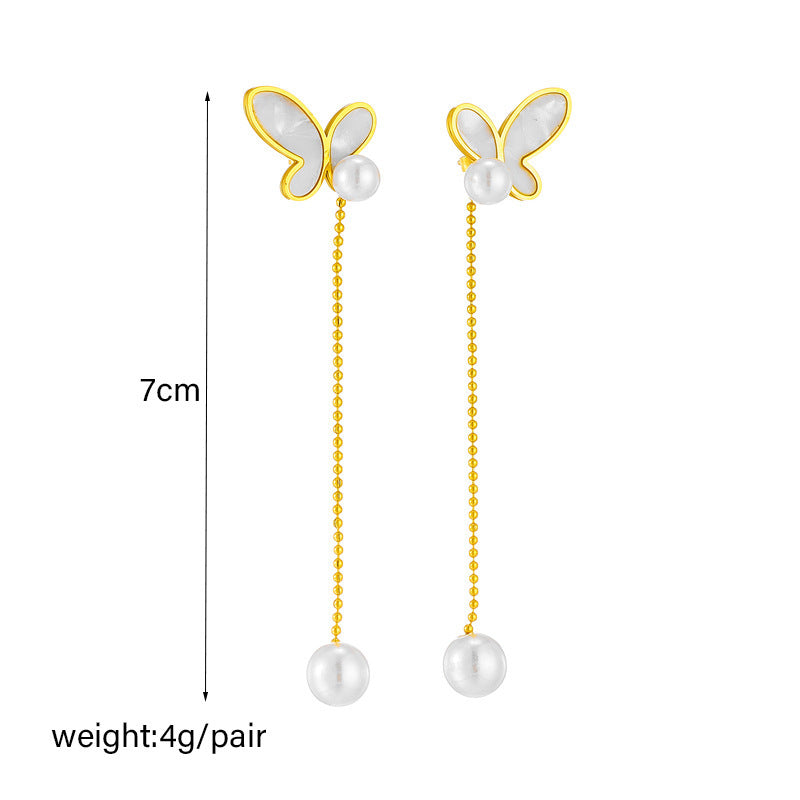 Small Long Pearl Tassel Butterfly Studs